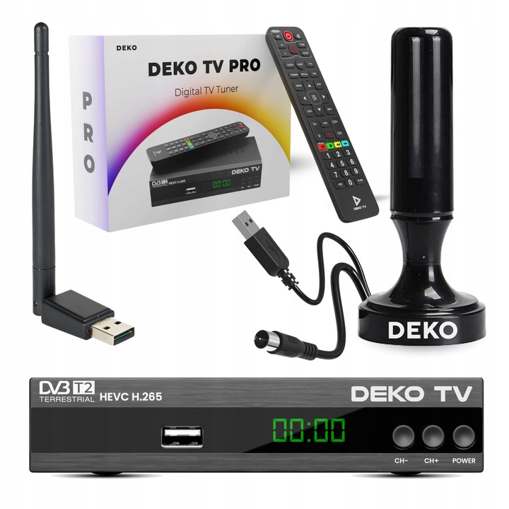 Tuner Dekoder DVBT2 TV Naziemnej HEVC DVBT 2 + Mocna Antena Pokojowa +