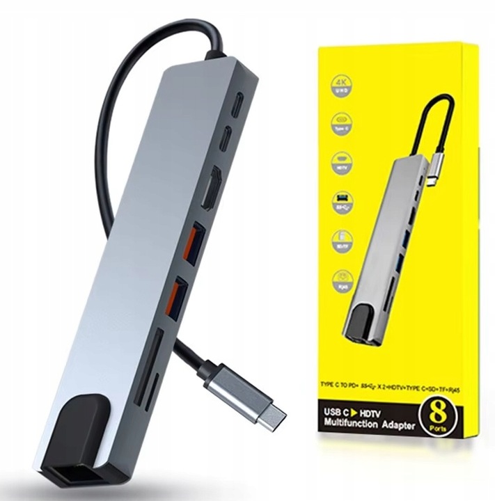 HUB ADAPTER PRZEJŚCIÓWKA USB-C 8w1 2xUSB HDMI SD RJ45
