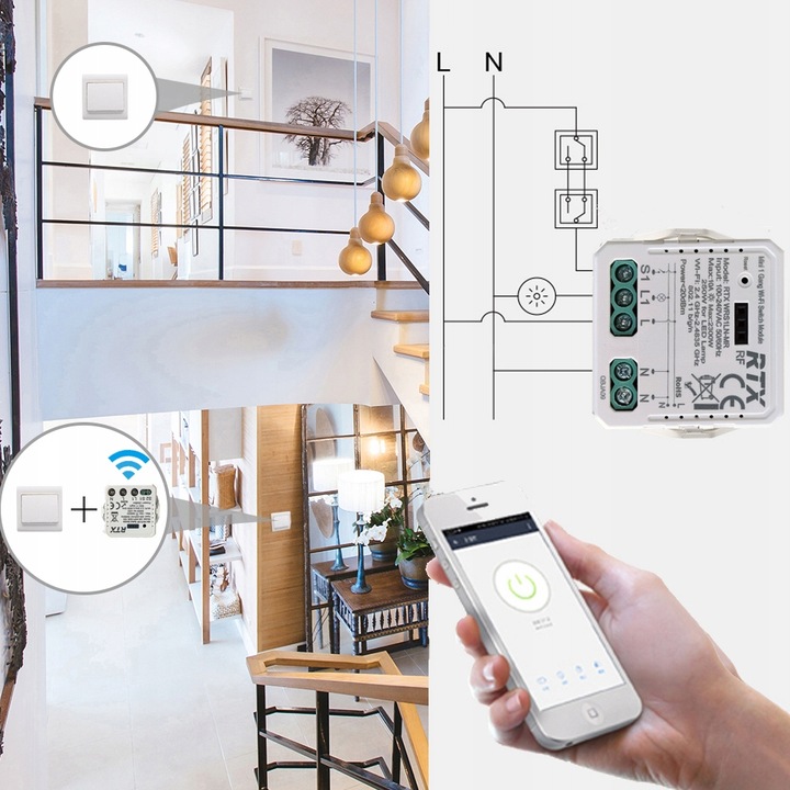 RTX Mini Przekaźnik Sterownik Oświetlenia Moduł 1kanał LN TUYA WiFi