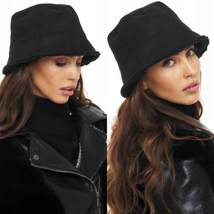 CZAPKA DAMSKA KAPELUSZ na zimę ciepła z futerkiem futro eko zamsz