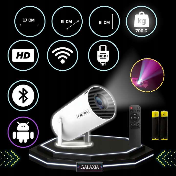 PROJEKTOR RZUTNIK MINI PRZENOŚNY ANDROID LED WIFI FULL HD SMART TV HY300