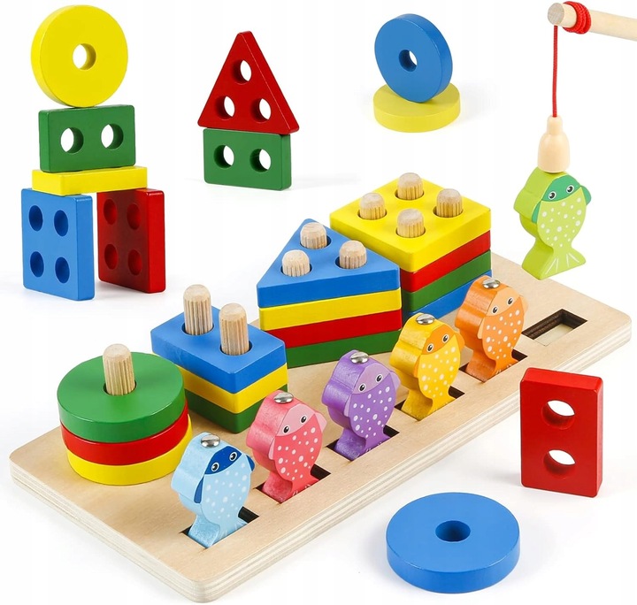 V4 ŁOWIENIE RYBEK SORTER DREWNIANY UKŁADANKA FIGURY 4 WIEŻE WĘDKA RYBKI 2w1