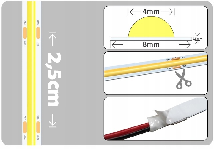 Taśma LED COB 12V 5M rolki NEON linia biała ciepła 3000k 900lm/m 10W
