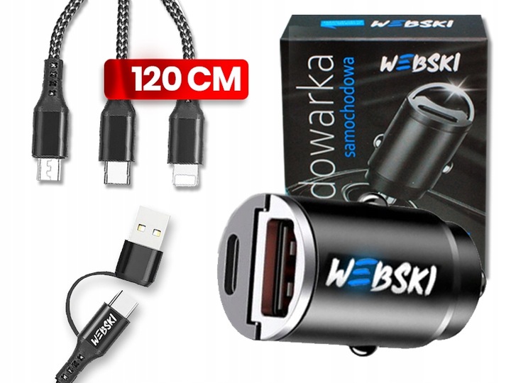 ZESTAW MAŁA MOCNA SZYBKA ŁADOWARKA DO AUTA QC3.0 PD20W Z MOCNYM KABLEM 5W1