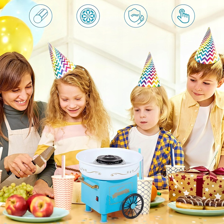 MASZYNA DO WATY CUKROWEJ DOMOWA WATA CUKROWA MASZYNKA WÓZEK + PATYCZKI