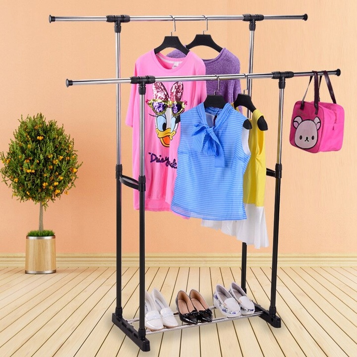 PODWÓJNY WIESZAK METALOWY TELESKOPOWY REGULOWANY SZAFA NA UBRANIA