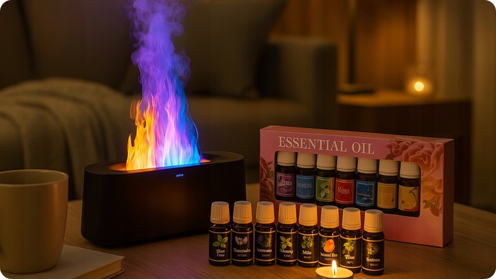 Dyfuzor Zapachowy LED Kominek 250ml + 12 Olejków | Nawilżacz Powietrza