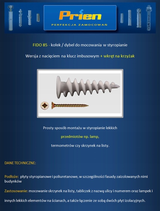 Kołek / Kołki do styropianu FIDO - 85 - 10szt