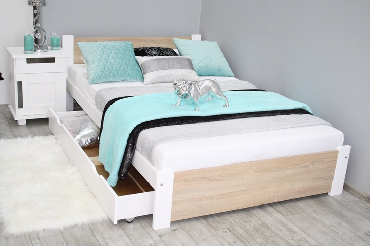 Łóżko pojedyncze 3D 90x200 białe dąb sonoma MATERAC Pi + stelaż gratis