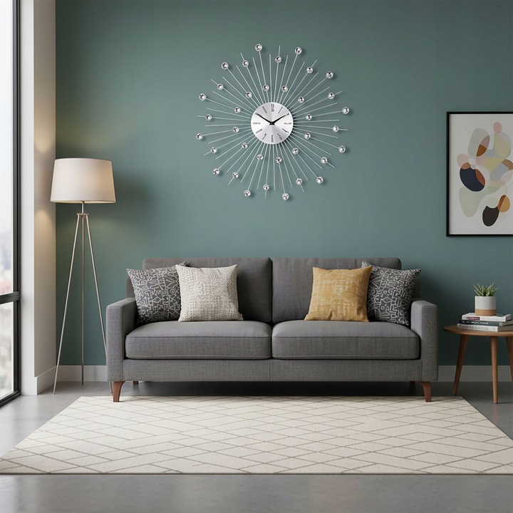 ZEGAR ŚCIENNY KRYSZTAŁKI SREBRNY SŁOŃCE DUŻY STYLOWY NA ŚCIANĘ CRISTAL 50cm