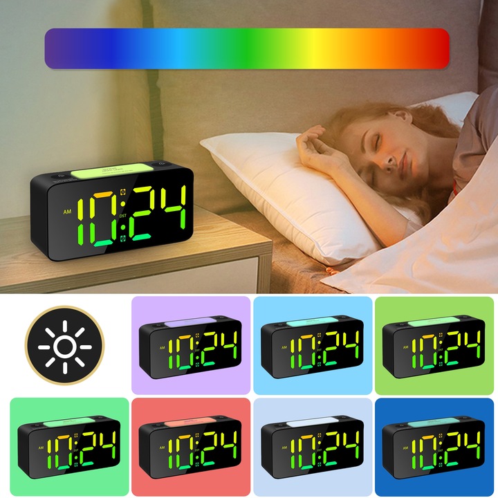 BUDZIK ZEGAR ELEKTRONICZNY RGB LED GŁOŚNY STOJĄCY CYFROWY LAMPKA KABEL USB