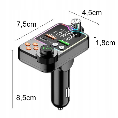 TRANSMITER BLUETOOTH SAMOCHODOWY BT 5.0 ŁADOWANIE QC 3x USB RGB AUDIO FM