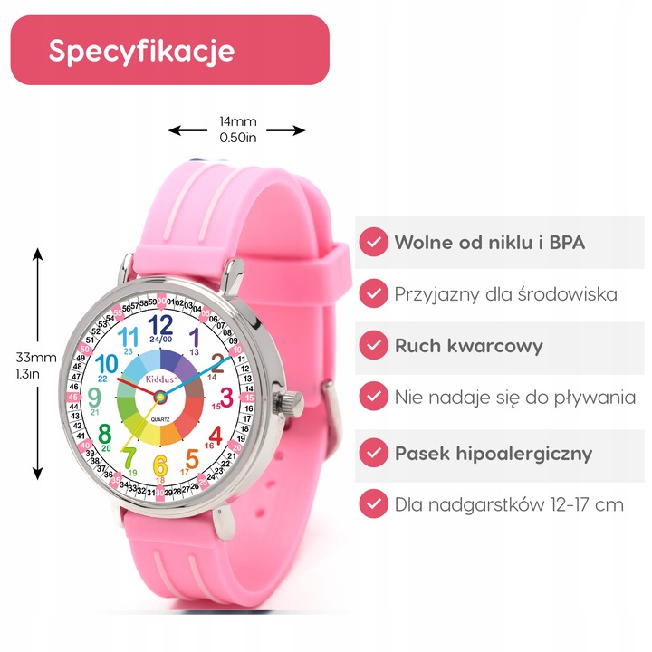 Zegarek dla dzieci, edukacyjny, różowy, analogowy, do nauki czasu