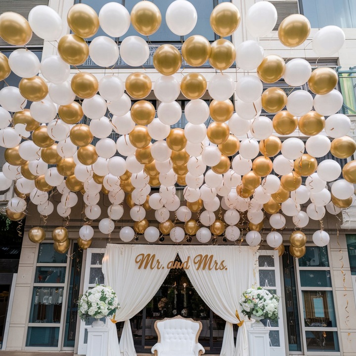 BALONY BIAŁO ZŁOTE CHROMOWANE ZESTAW BALONÓW NA KOMUNIĘ ŚLUB WESELE