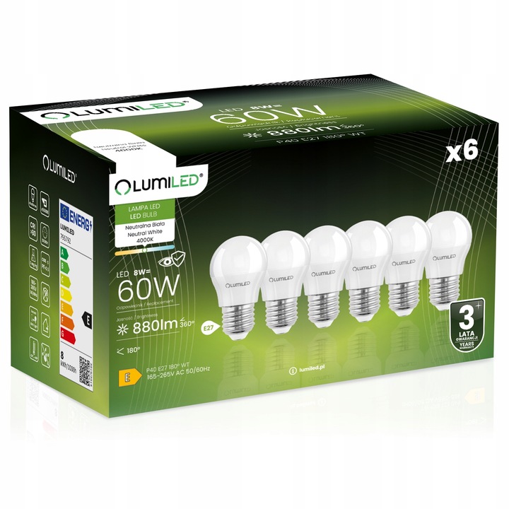 6x Żarówka LED E27 MAŁA KULKA 8W = 80W 4000K Neutralna LUMILED NIE