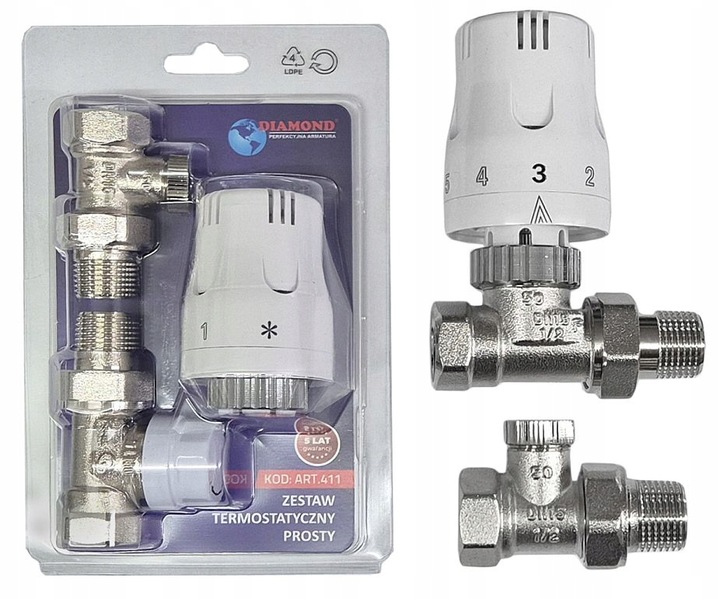 ZESTAW TERMOSTATYCZNY PROSTY ZAWÓR ZASILAJĄCY POWROTNY GŁOWICA DO