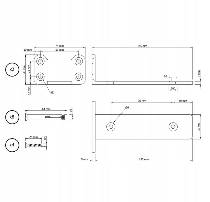 Wspornik typ T 150 mm, uchwyt półki drewnianej podpórka loft, czarny