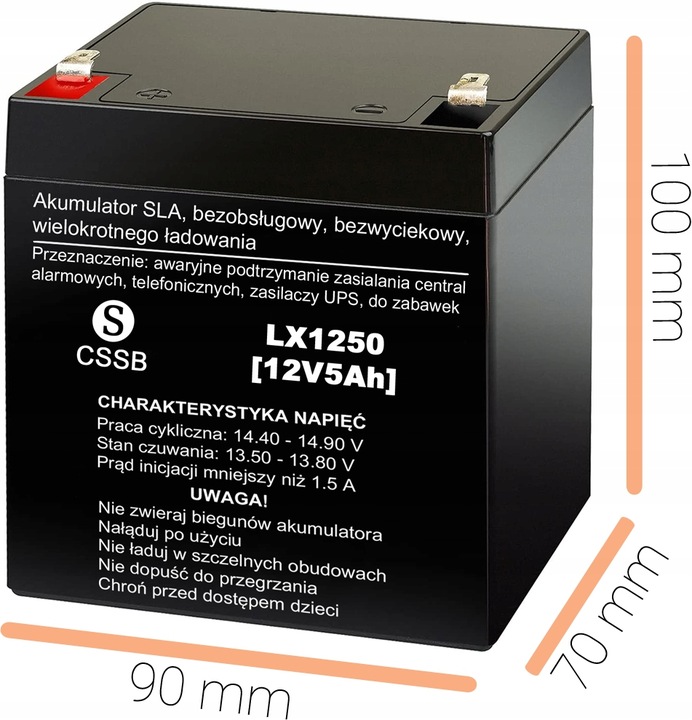 AKUMULATOR BEZOBSŁUGOWY AGM 12V 5Ah DO ZABAWKI AUTKA UPS ALARM KOSIARKI