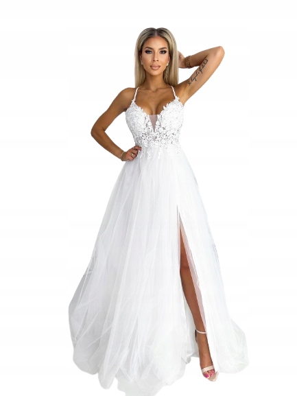 Jolie BIAŁA DŁUGA SUKIENKA z GIPIURĄ ślubna XS