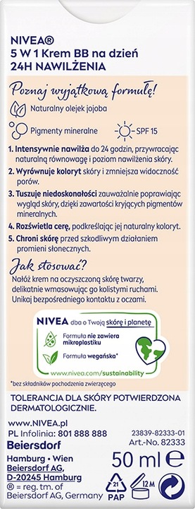 NIVEA BB 5w1 Krem na dzień filtr UV SPF 15 nawilżający - odcień jasny 50ml