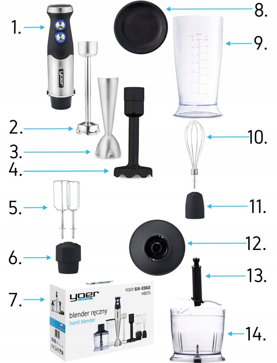 8w1 Blender ręczny Wielofunkcyjny Yoer +Tytanowe ostrza 1500W +14 ELEMENTÓW