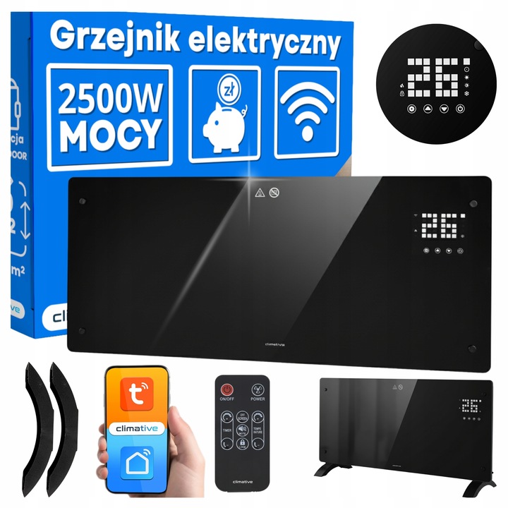 Grzejnik elektryczny szklany konwektorowy Glow 2500W LED WiFi Tuya