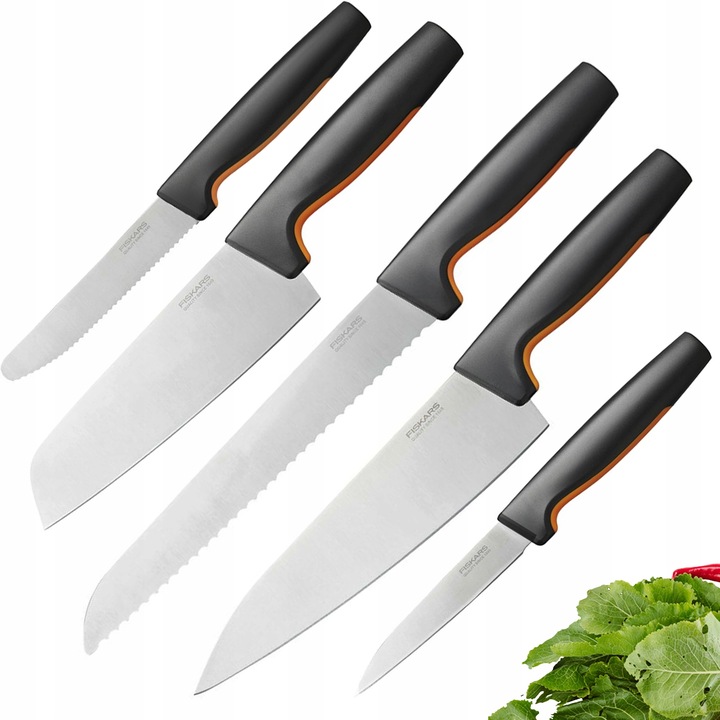 FISKARS ZESTAW KOMPLET 5 NOŻY SZEFA W BLOKU drewnianym łącznie 6 EL