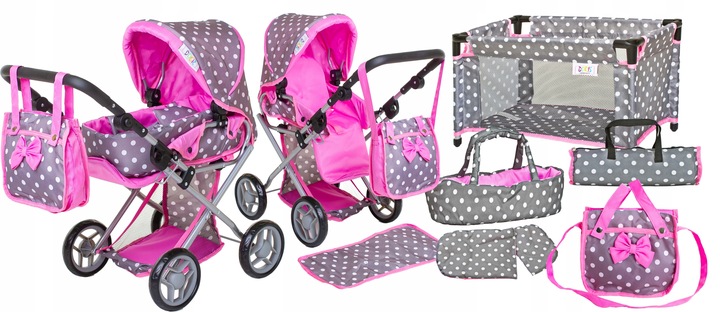 Wózek dla lalek spacerówka głeboki ZESTAW ŁÓŻECZKO POŚCIEL TORBA PRZEWIJAK