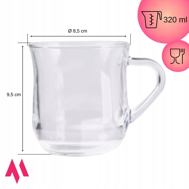 6 x SZKLANKI DO KAWY HERBATY KUBEK Z UCHEM 320ml