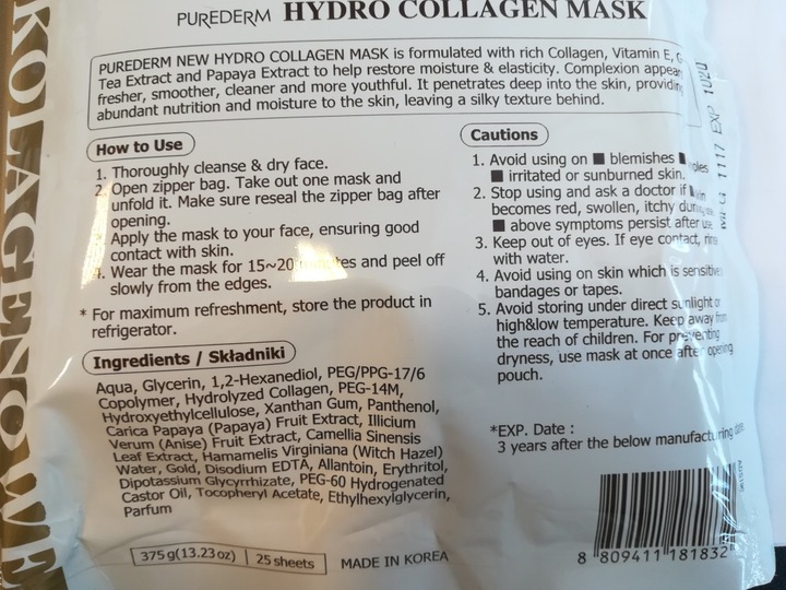 PUREDERM Hydrokolagenowe maseczki do twarzy w płacie ze złotem, 25