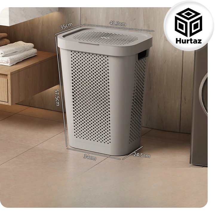 Kosz na Pranie Bieliznę Duży Kufer 60l Szary Pojemnik Plastikowy z