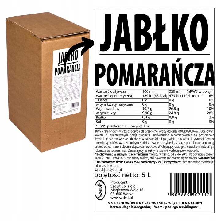 Sok jabłko pomarańcza 100% z jabłek i pomarańczy 5L naturalny dla rodziny