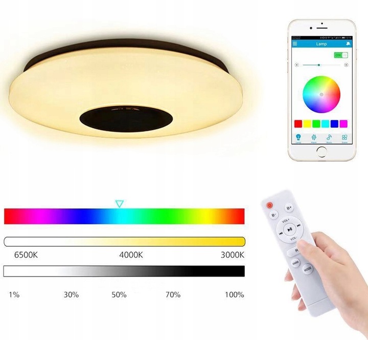 Lampa plafon LED RGB Kolorowa GŁOŚNIK Bluetooth 60w + Pilot Aplikacja