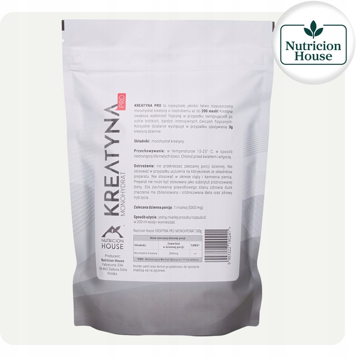 KREATYNA PRO MONOHYDRAT 500G - CZYSTA, BEZ DODATKÓW 200 MESH aż 100 PORCJI!