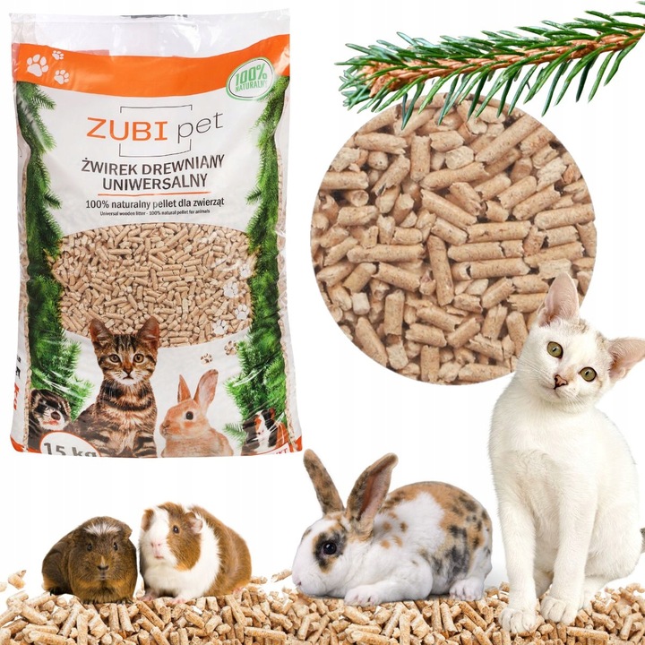 ZUBIPET Żwirek drewniany pellet jasny dla kota świnki królika 15kg natural