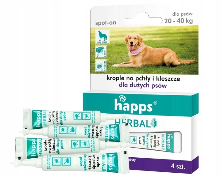 Krople na pchły i kleszcze dla dużego psa HAPPS HERBAL pieska 20 - 40