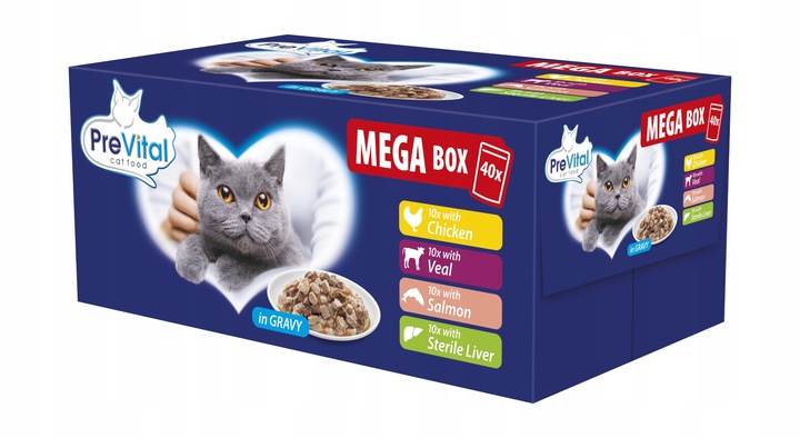 KARMA MOKRA DLA KOTA PREVITAL SASZETKI MEGA BOX 40X100G MIX SMAKÓW W SOSIE