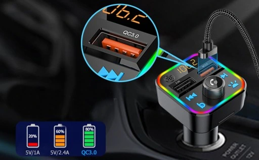 TRANSMITER ODTWARZACZ FM BLUETOOTH Z MIKROFONEM SZYBKA ŁADOWARKA QC USB