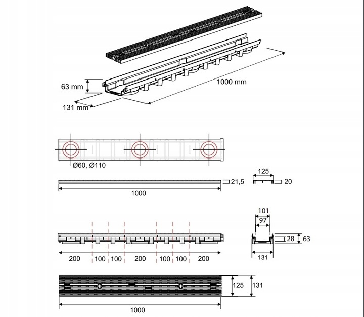 Odwodnienie liniowe 1000x63x131mm 1,5Tony MAX-DRAIN Krata Line Popiel