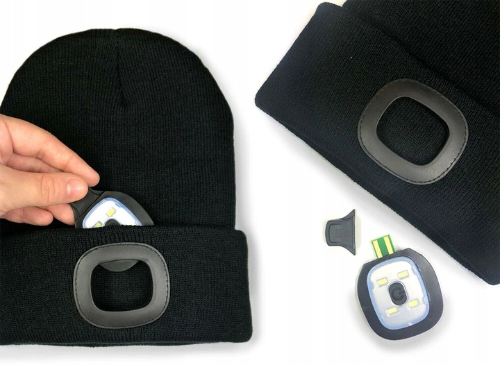 Czapka Zimowa z Latarką Lampką Czołową LED Ładowanie USB Ciepła Czarna