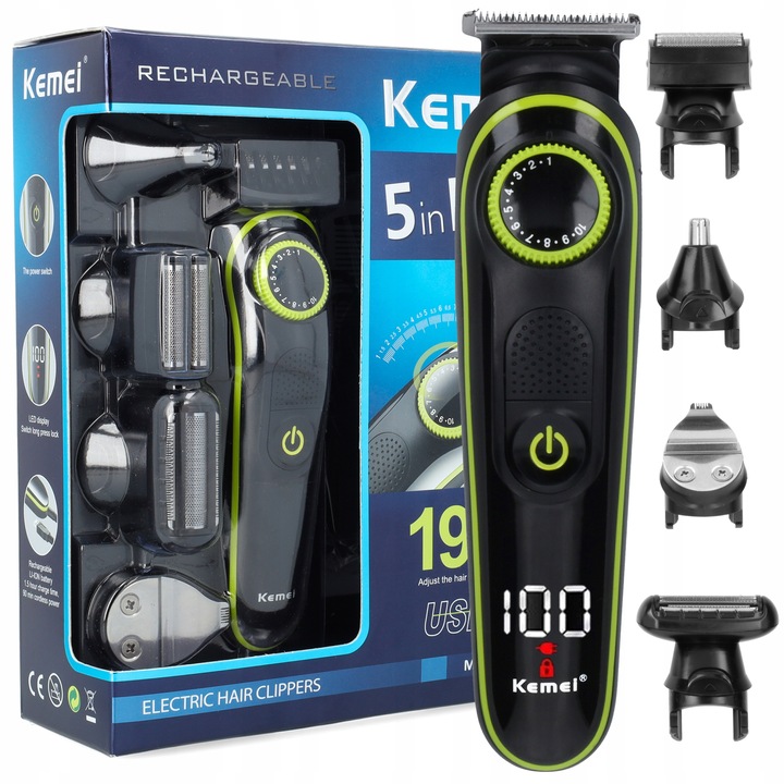 GOLARKA MĘSKA TRYMER DO BRODY WLOSÓW ZESTAW 5W1 KEMEI BARBER USB