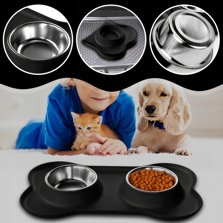 PODWÓJNA MISKA DLA PSA KOTA ANTYPOŚLIZGOWA + PODKŁADKA POD MISKI 2x450 ml