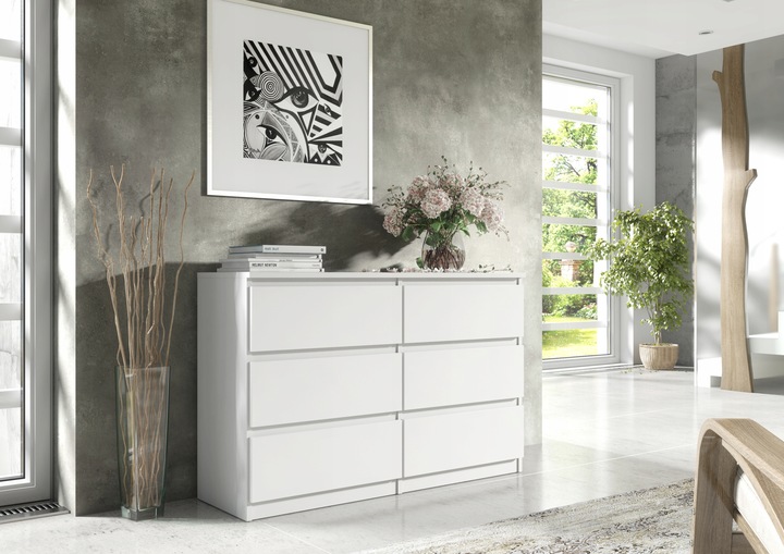 KOMODA Z SZUFLADAMI 140CM BIAŁA 6 SZUFLAD SZAFKA DO SYPIALNI DO SALONU