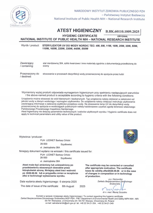 FILTR STERYLIZATOR UV lampa Nordic Tec PHILIPS 30W UV do wody Atest