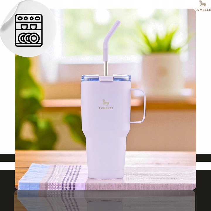 MOCNY Kubek Termiczny ze Stalową Słomką i Uchwytem na Kawę Herbatę 900ml