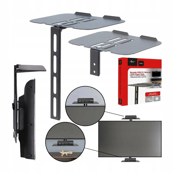 PÓŁKA POD TUNER DVB-T2 DEKODER DVD PILOTY ŚCIENNA LUB MONTOWANA NA TV