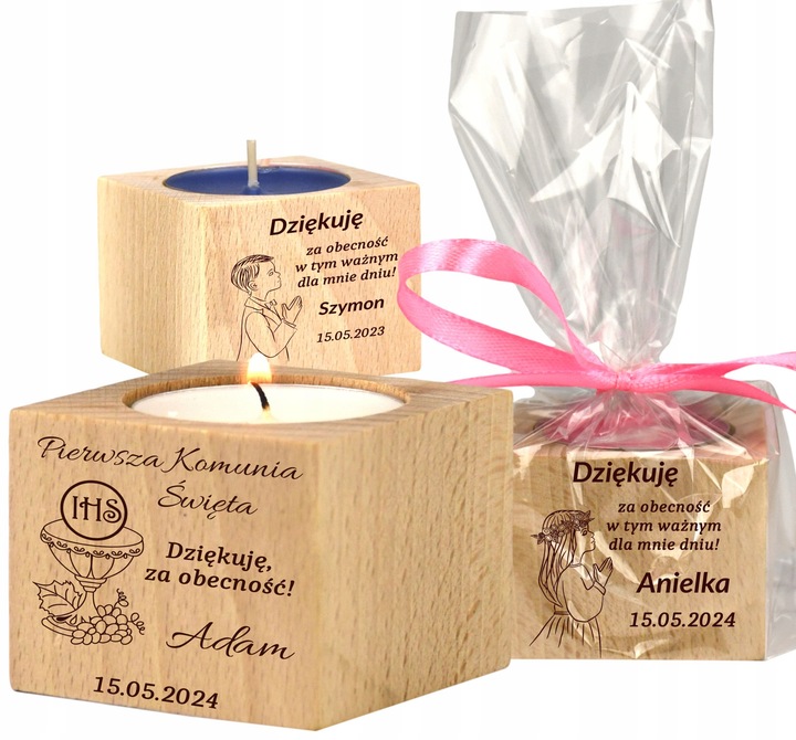 Podziękowanie dla Gości Komunia Chrzest piękny świecznik 10 szt grawer