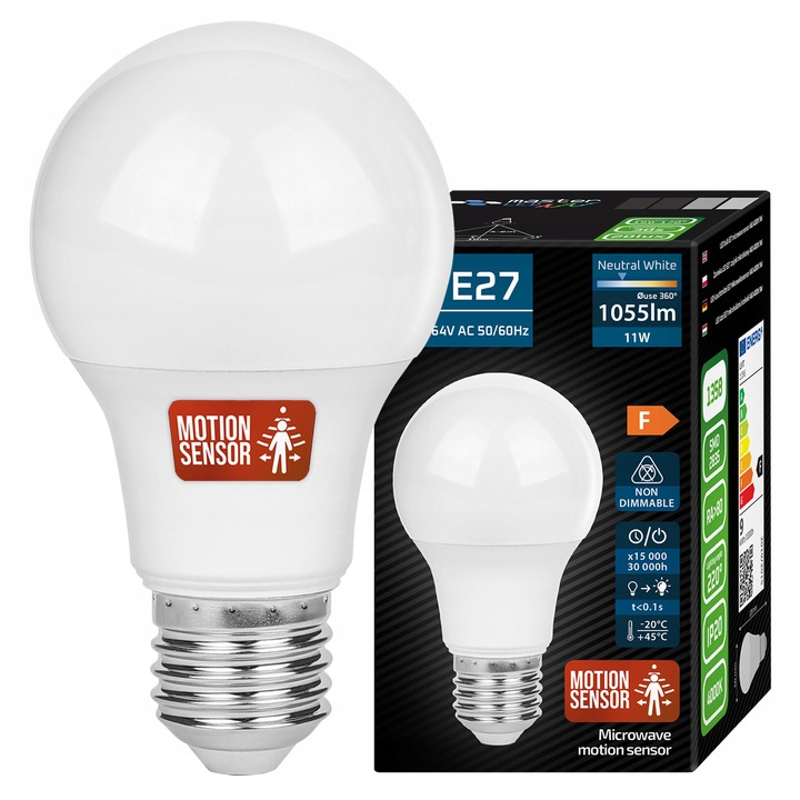 3x Żarówka LED E27 11W CZUJNIK RUCHU biały neutralny 4000K 1055lm kula