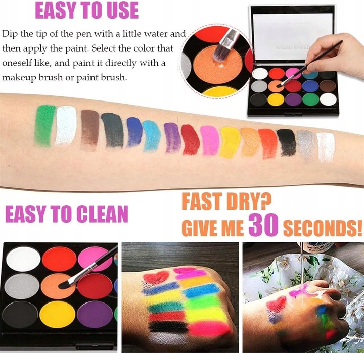 FARBY DO MALOWANIA TWARZY i CIAŁA ŚWIECĄCE W NOCY 15e. ZMYWALNE DLA DZIECI