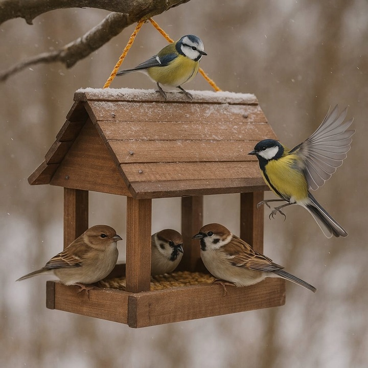 Karmnik dla ptaków + ziarno pokarm duży drewniany budka solidny XXL